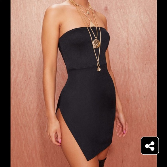 black crepe split side bandeau bodycon dress